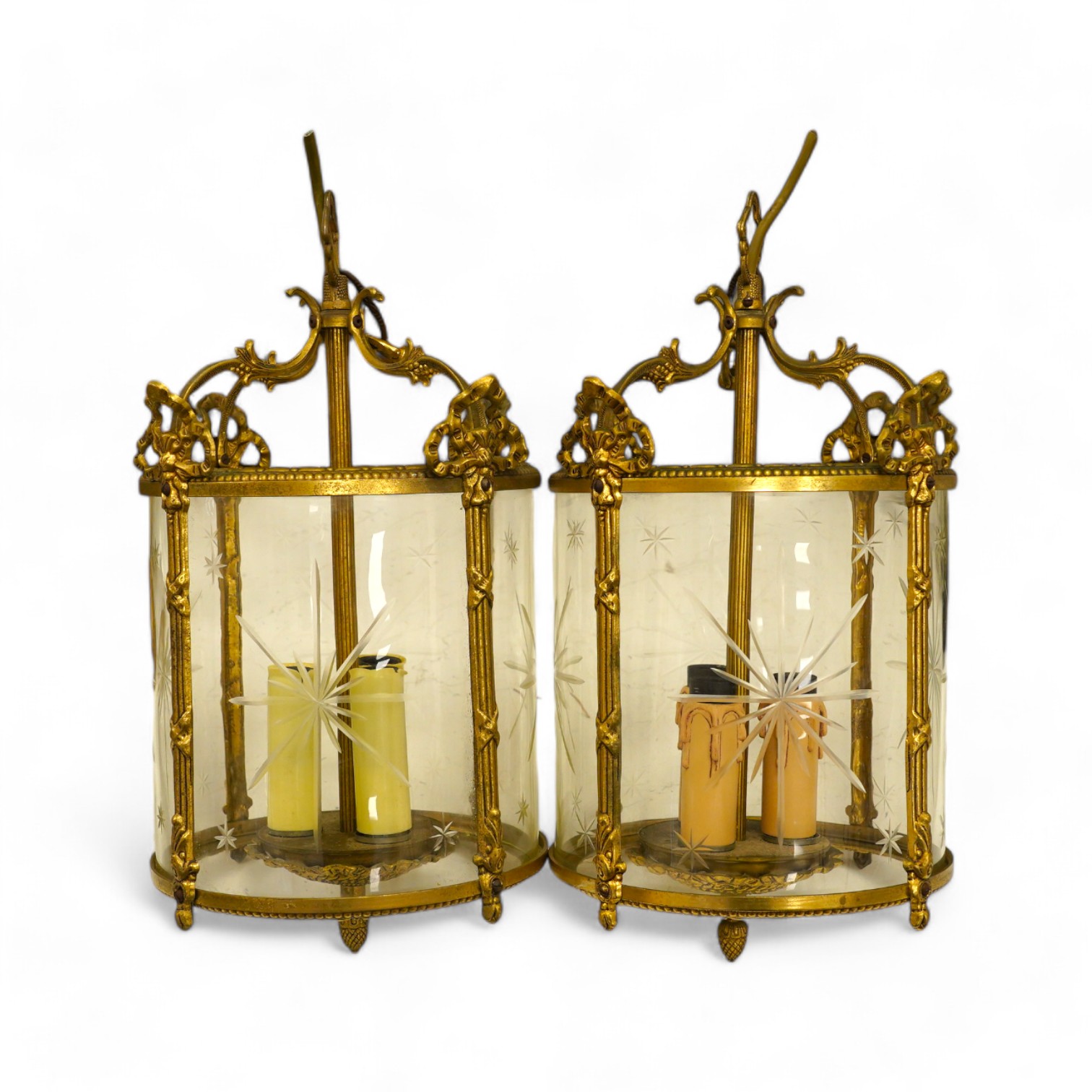 A pair of Louis XVI style gilt metal hall lanterns, 40cm high. Condition - fair to good